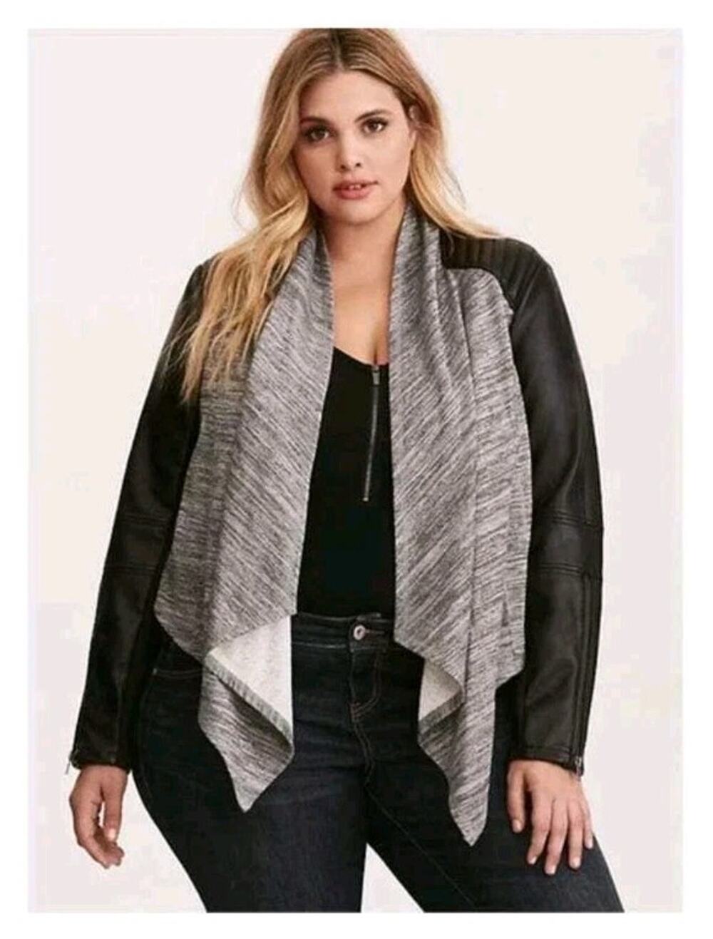 Torrid Faux Leather Sleeve Moto Jacket Drape Front Heather Gray Fabric
